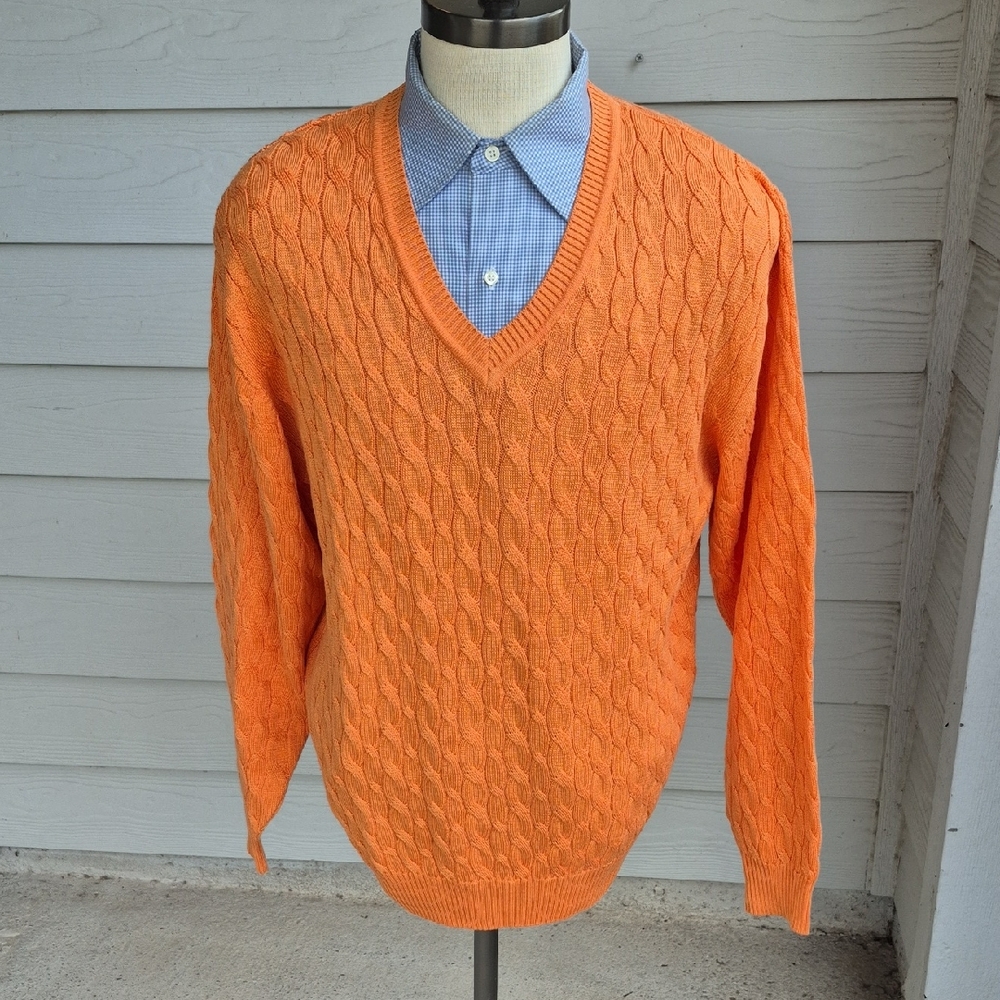 TOM JAMES Peru Mercerized Pima Cotton Orange Cable Knit‎ XL Mens V Neck Sweater